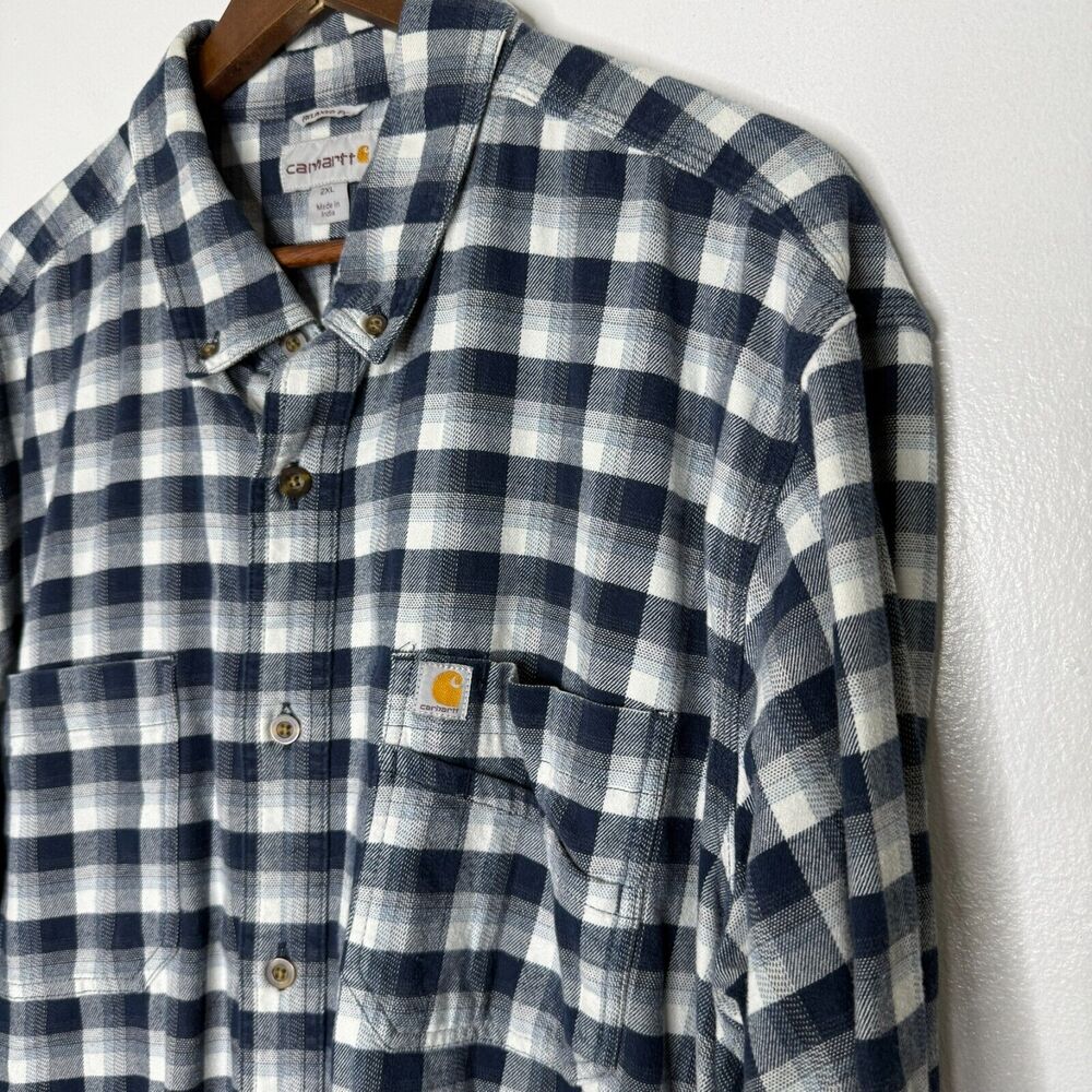 Carhartt Flannel Shirt 2XL Blue White Plaid Long Sleeve Button Down Relaxed Fit